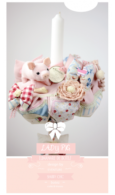 Lumanare de botez shabby chic pentru fetite, 65x4 cm, Lady Pig  6